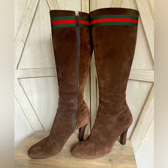 Gucci tall brown suede leather boots with classic web detail size 37 - Picture 1 of 15